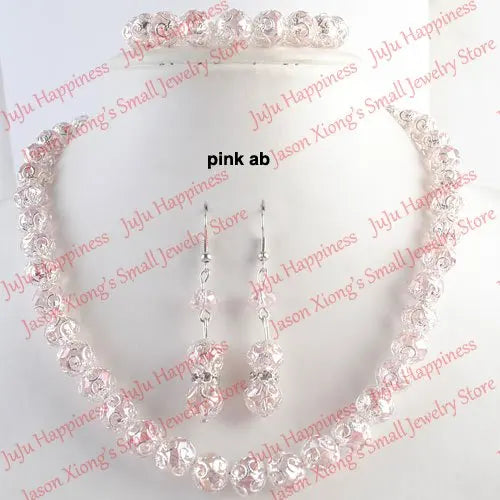 Pink AB Crystal Glass Beads Jewelry Set Necklace, Earring and Bracelet