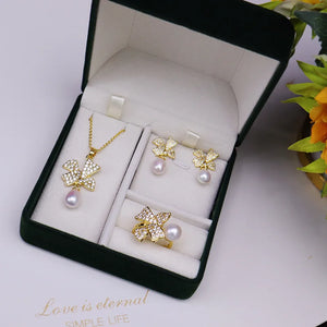 Freshwater Pearl Set 7-8mm Pendant/Earrings/Ring Zircon Bowknot