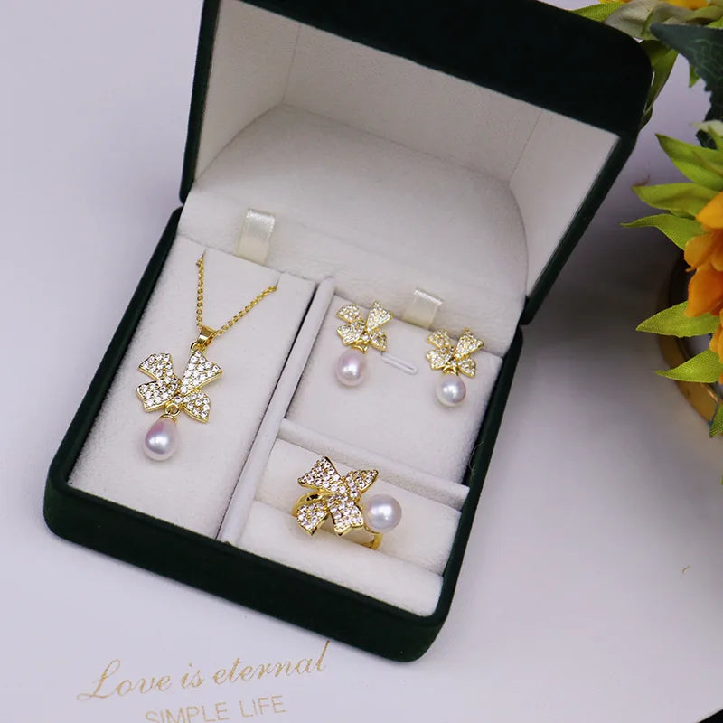 Freshwater Pearl Set 7-8mm Pendant/Earrings/Ring Zircon Bowknot