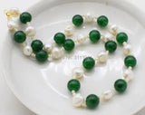Freshwater Pearl & Green Jade 12mm Necklace Bracelet Set 20inch