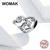 Love and Peace Beads Retro Heart Charm 925 Sterling Silver Bracelet Pendant