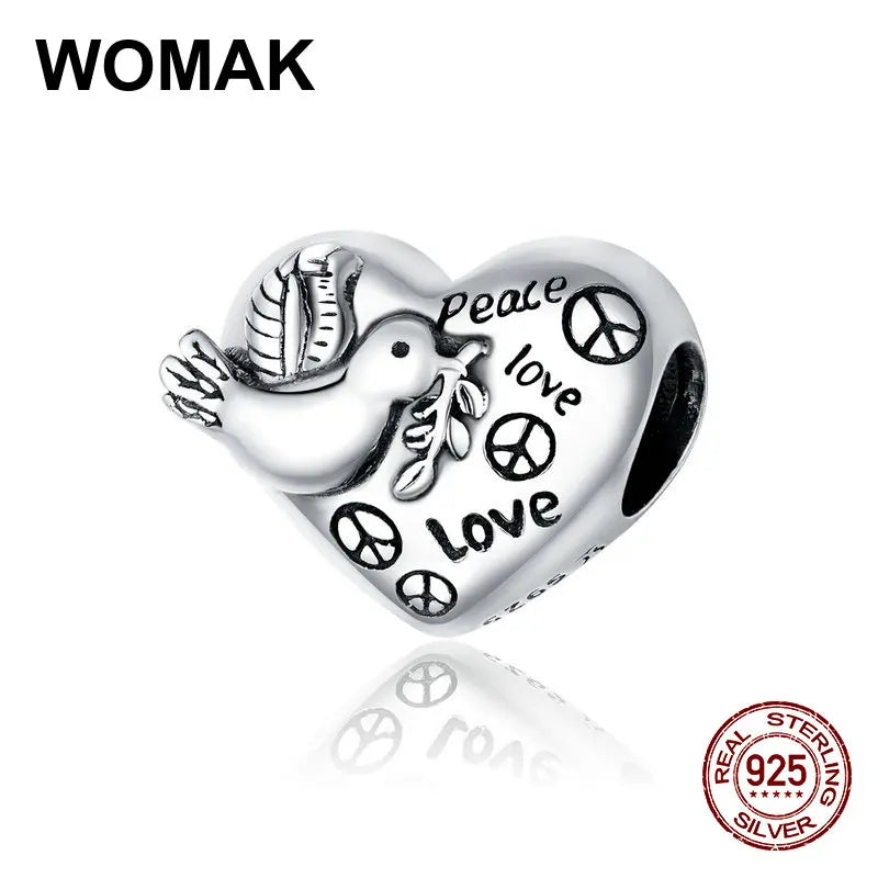 Love and Peace Beads Retro Heart Charm 925 Sterling Silver Bracelet Pendant