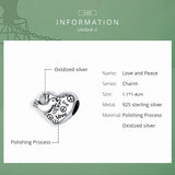 Love and Peace Beads Retro Heart Charm 925 Sterling Silver Bracelet Pendant