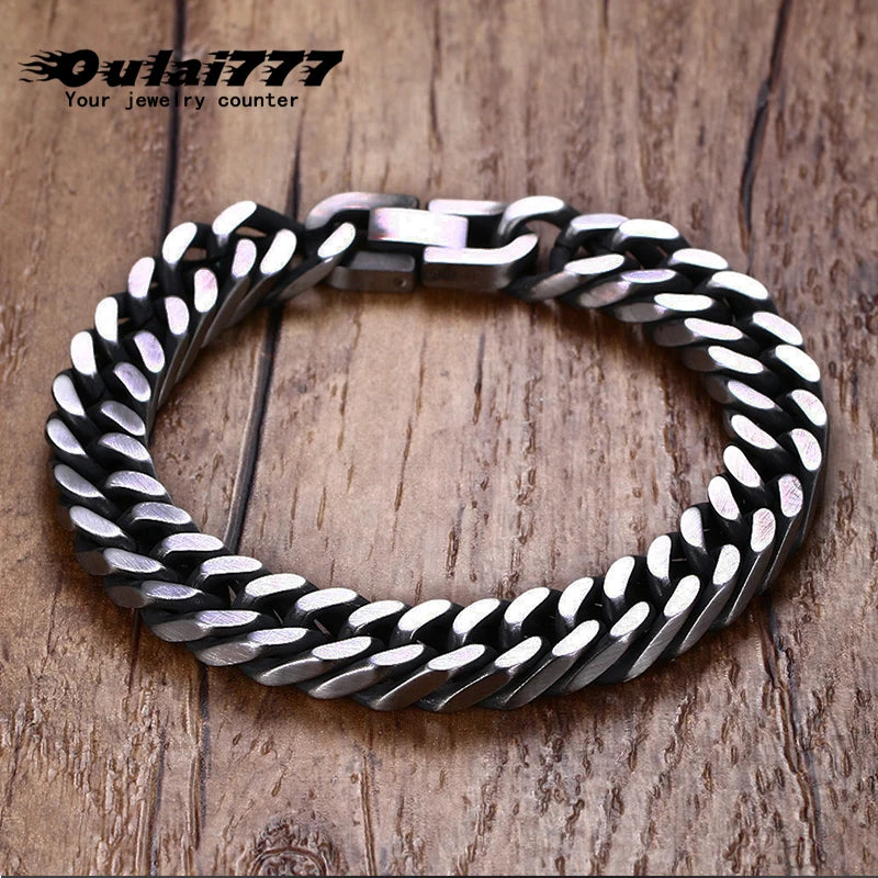 Stainless Steel Cuban Link Bracelet Men Chain Handchain Retro Charm