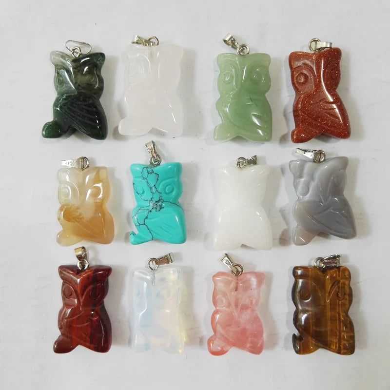 12pc Owl Stone Pendants for Jewelry Making Mixed Animal Carving Necklaces