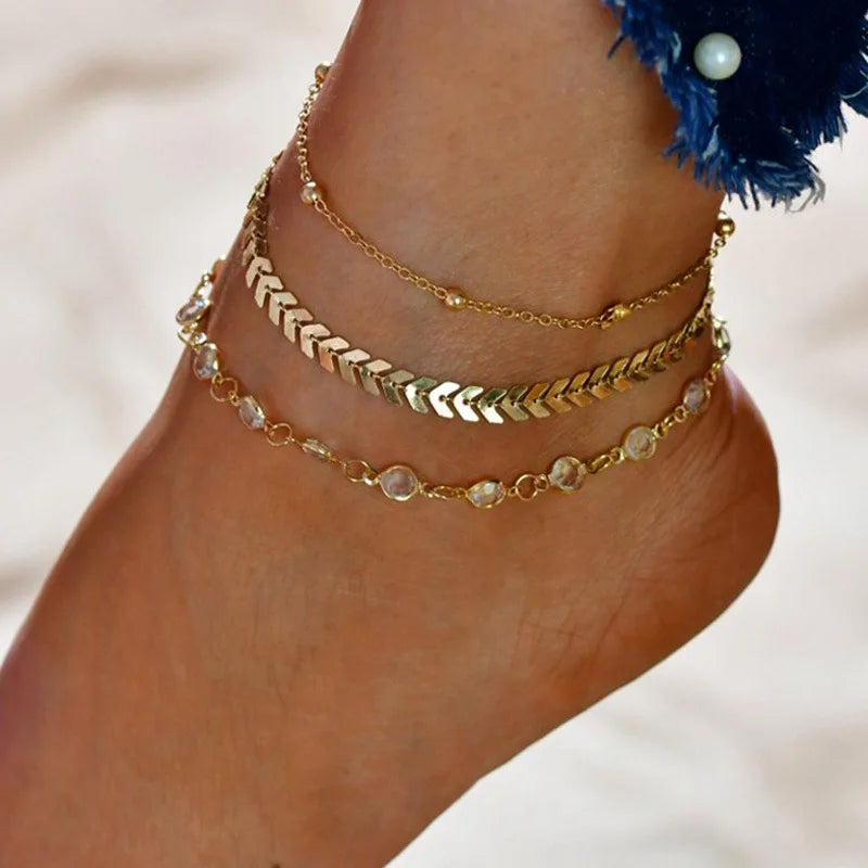 Set of 3 Anklets with Rhinestone in Mixed Chains