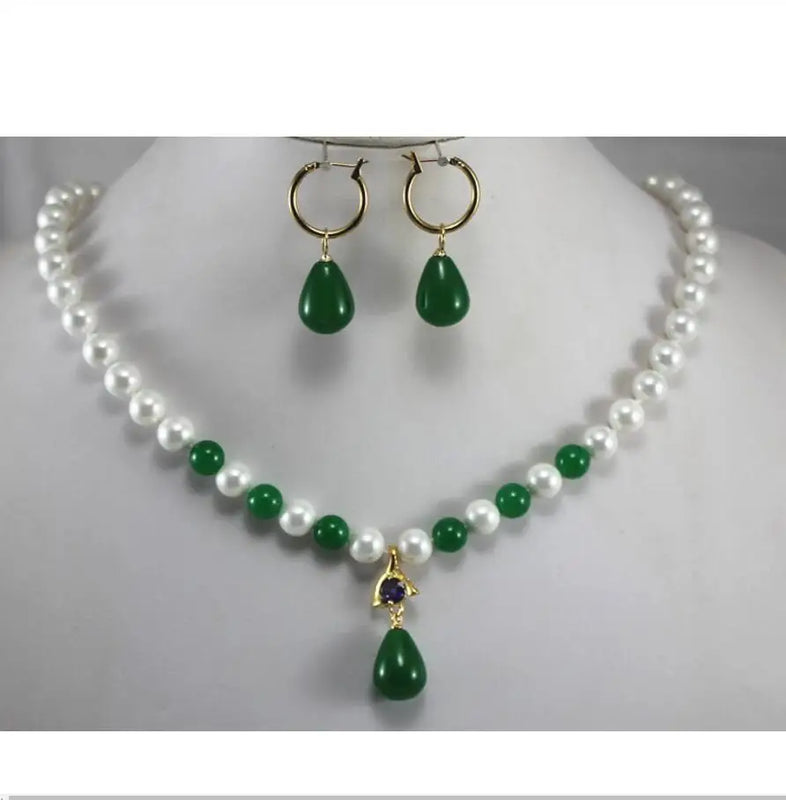 Shell Pearl Green Beaded Necklace and Earrings Set for Lady