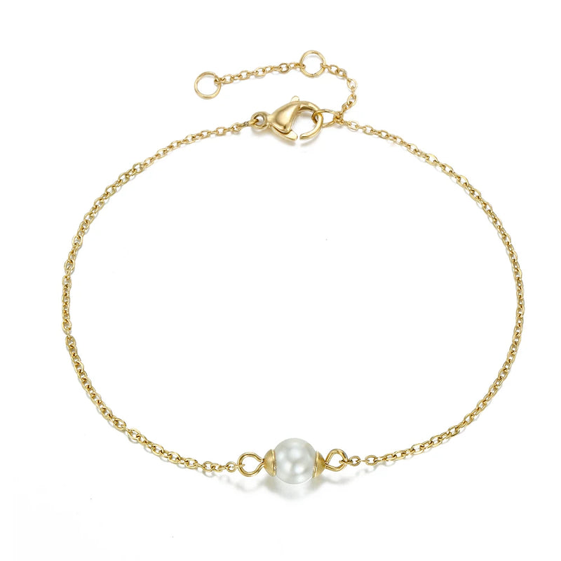Minimalist Stainless Steel Bracelet with Simulated-pearl Charm