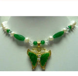 Pearl & Green Jade Butterfly Pendant Necklace