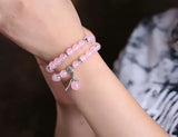 Pink Crystal Bracelets Round Beads Lucky Tibetan Silver Leaf Pendant