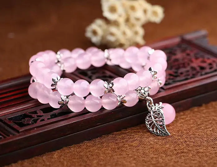 Pink Crystal Bracelets Round Beads Lucky Tibetan Silver Leaf Pendant