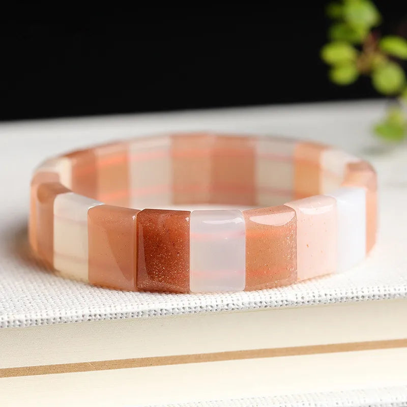 Pink Sunstone Square Bracelet 7.5in Nature Beads for Women