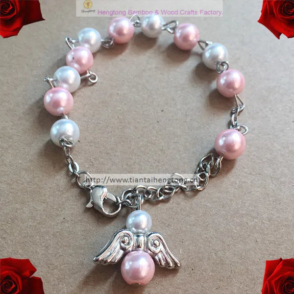Pink Glass Pearl Rosary Bracelet with Angel Wing Pendant