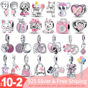 925 Silver Pink Plata Charms for Bracelet Necklace Women
