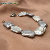 Gray Keshi Pearl Bracelet Bangle Flat Rectangle Shape Elegant Women