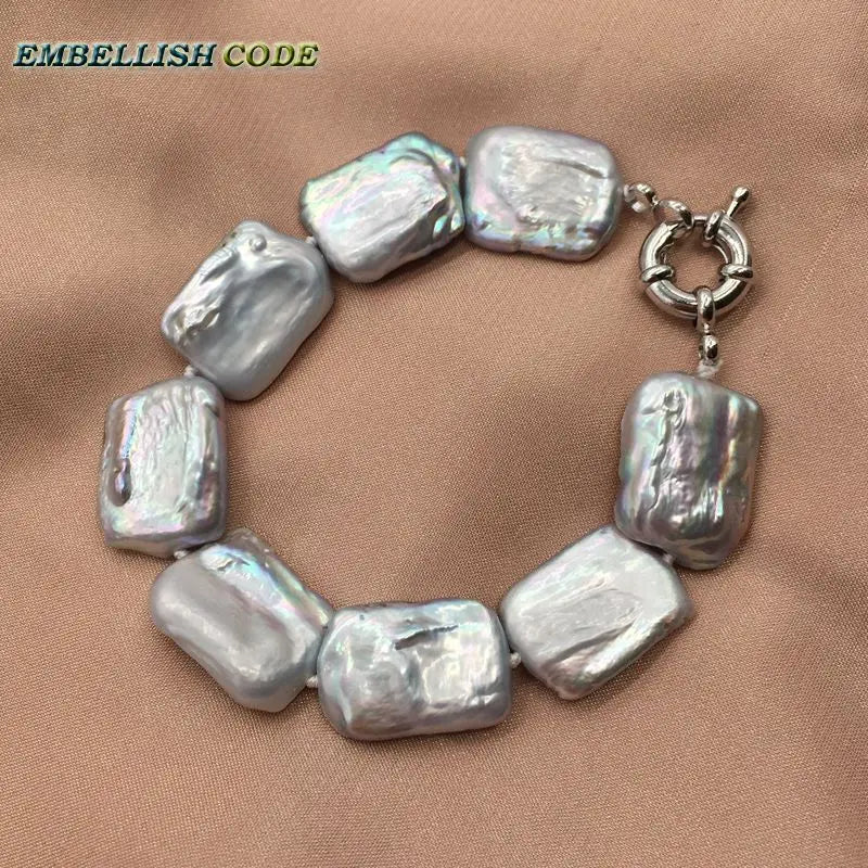 Gray Natural Pearl Bracelet Bangle Keshi Baroque Flat Rectangle Shape