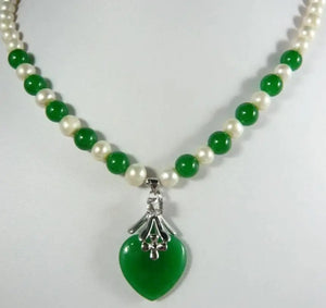 Mixed Pearl & Green Jade Bead Necklace with Green Heart Jade Pendant