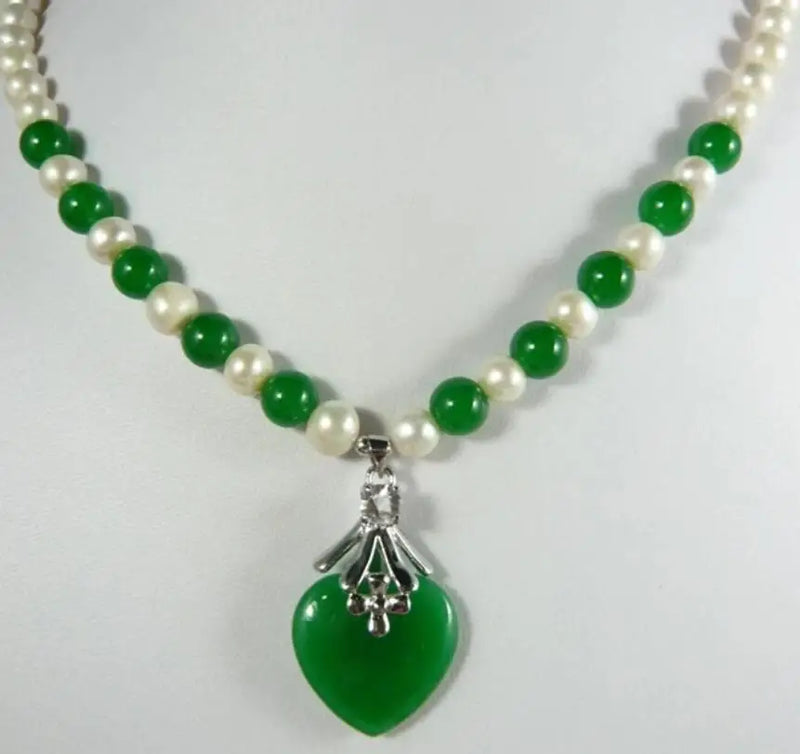 Mixed Pearl & Green Jade Bead Necklace with Green Heart Jade Pendant