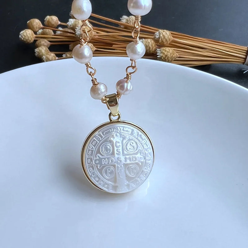 21mm Freshwater Pearl Cross & San Benito Mother Pearl Necklace for Women