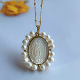 Mother of Pearl Sacred Heart & Guadalupe Necklace