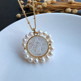 Mother of Pearl Sacred Heart & Guadalupe Necklace