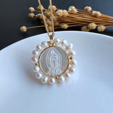 Mother of Pearl Sacred Heart & Guadalupe Necklace