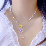 Purple Zircon Pearl Bead Necklace Classic Charm Jewelry Women