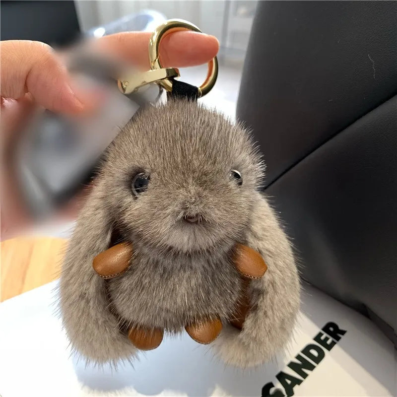 Gray Rabbit Foot Keychain Plush Pom Bunny Pendant Animal