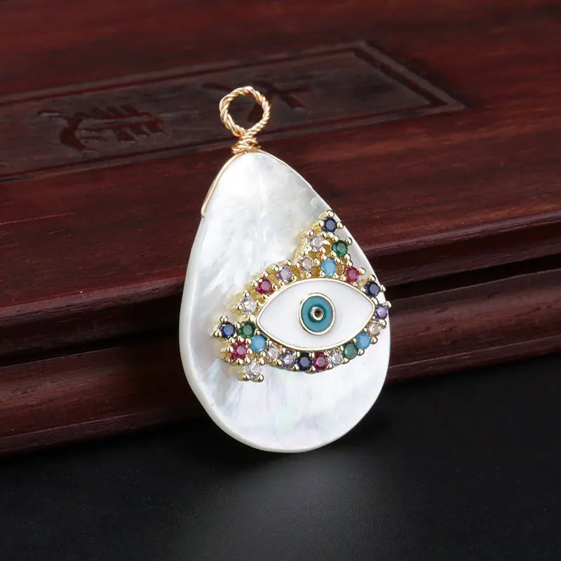 Rainbow CZ Evil Eye Protection Charm Shell Pendant Choker Necklace