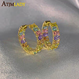 Rainbow CZ Hoop Earring Colorful Square CZ Pink Filled Earrings