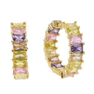 Rainbow CZ Hoop Earring Colorful Square CZ Pink Filled Earrings