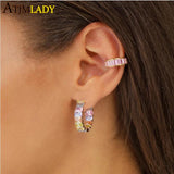Rainbow CZ Hoop Earring Colorful Square CZ Pink Filled Earrings