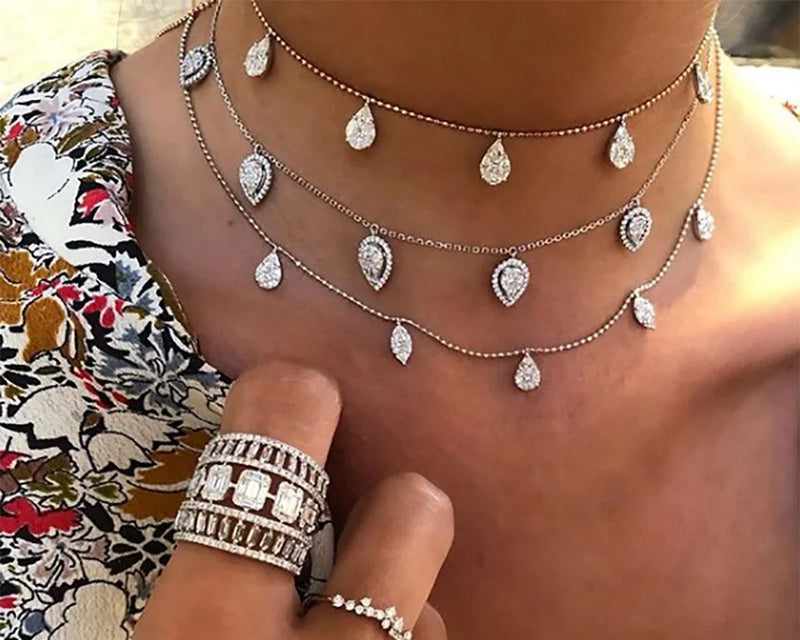 925 Silver CZ Tear Drop Choker Necklace with Rose Silver Filled
