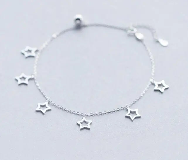 925 Sterling Silver Open Star Anklet Bracelet Chain with Beads Charm