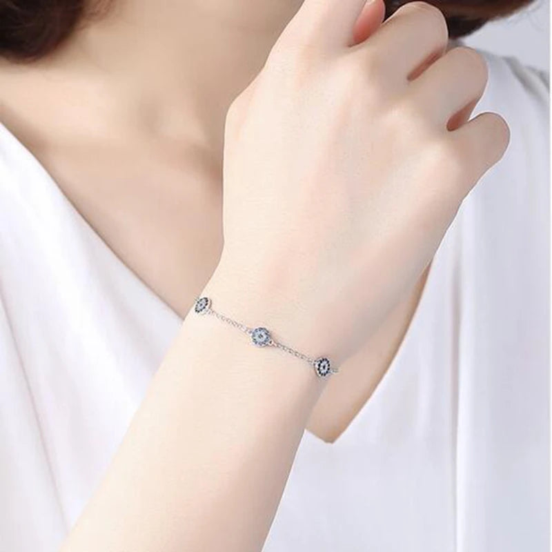925 Silver Evil Eye Charm Link Chain Bracelet