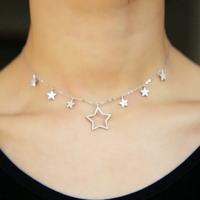 925 Silver CZ Star Charm Link Chain Choker Necklace
