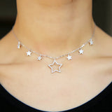 925 Silver CZ Star Charm Link Chain Choker Necklace