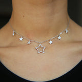 925 Silver CZ Star Charm Link Chain Choker Necklace