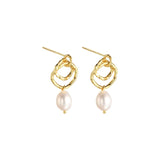 925 Silver Baroque Pearl Double Circle Dangle Earrings Foil Texture