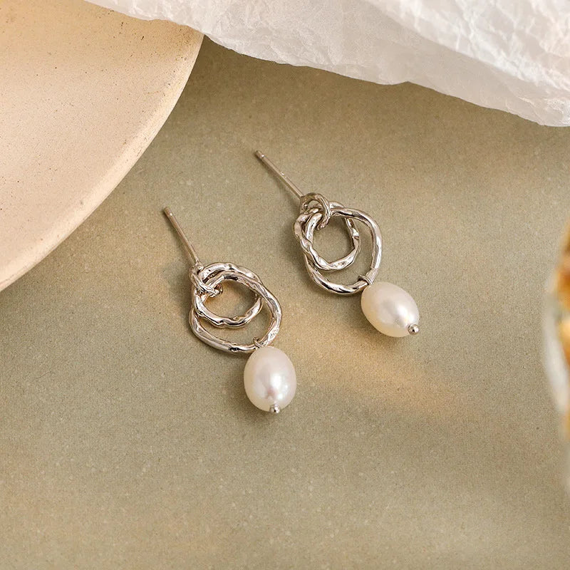925 Silver Baroque Pearl Double Circle Dangle Earrings Foil Texture