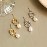 925 Silver Baroque Pearl Double Circle Dangle Earrings Foil Texture