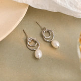 925 Silver Baroque Pearl Double Circle Dangle Earrings Foil Texture