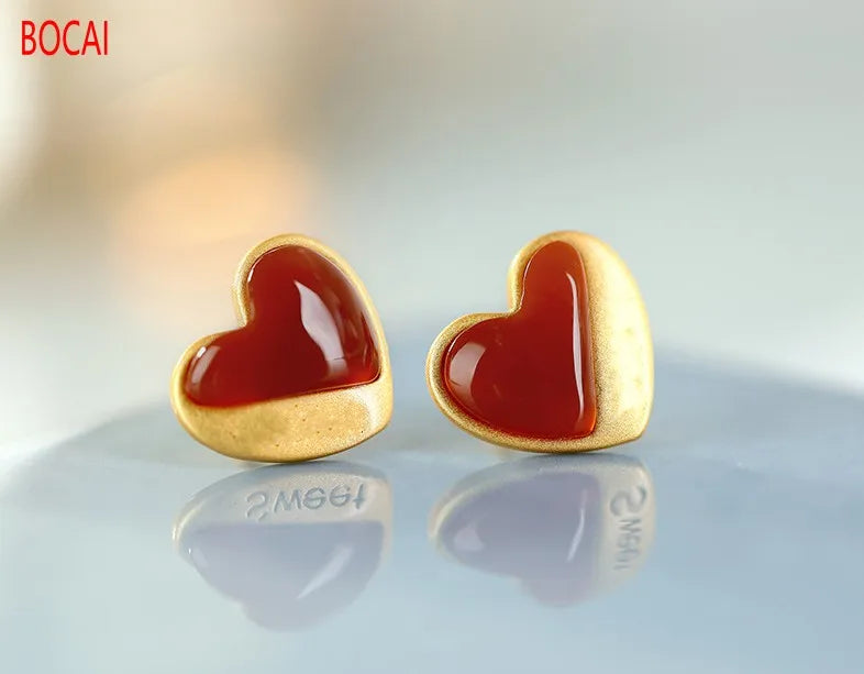 S925 Sterling Silver Gold-Plated Red Agate Love Earrings