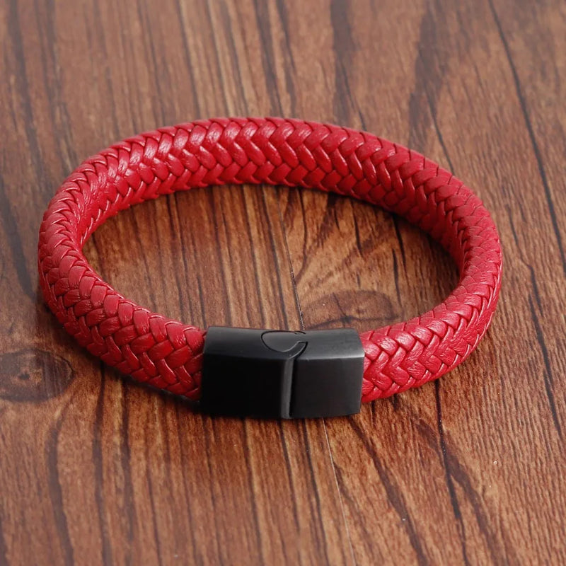 Red Leather Bracelet Men Stainless Steel Skull Head Charms Bangles