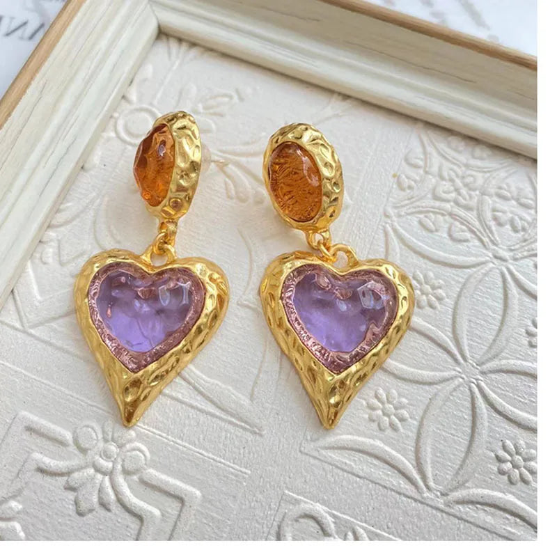 Vintage Glass Heart Earrings - Red/Green/Blue/Orange/Pink