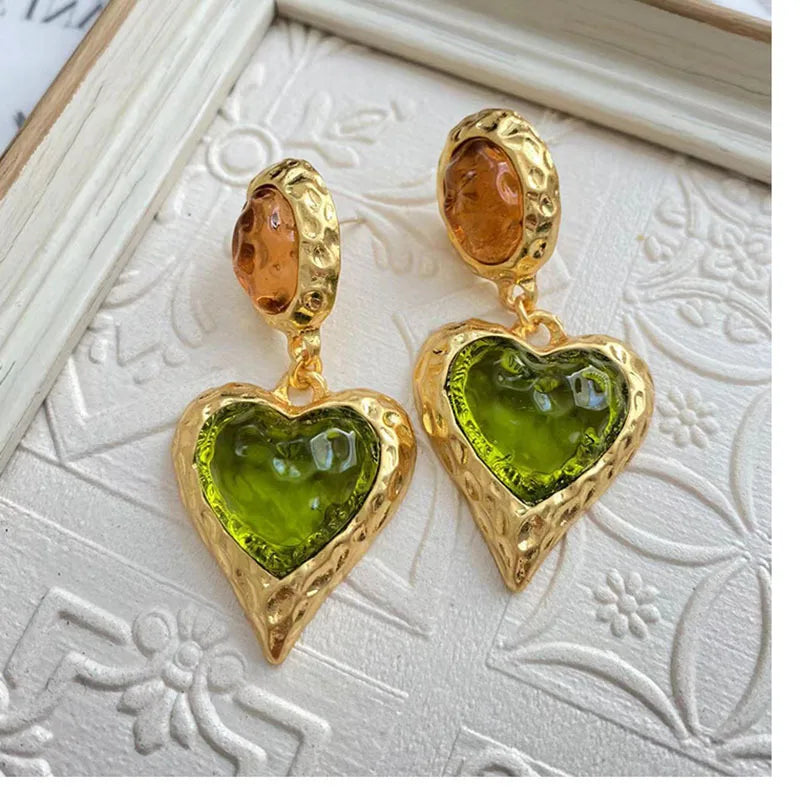 Vintage Glass Heart Earrings - Red/Green/Blue/Orange/Pink