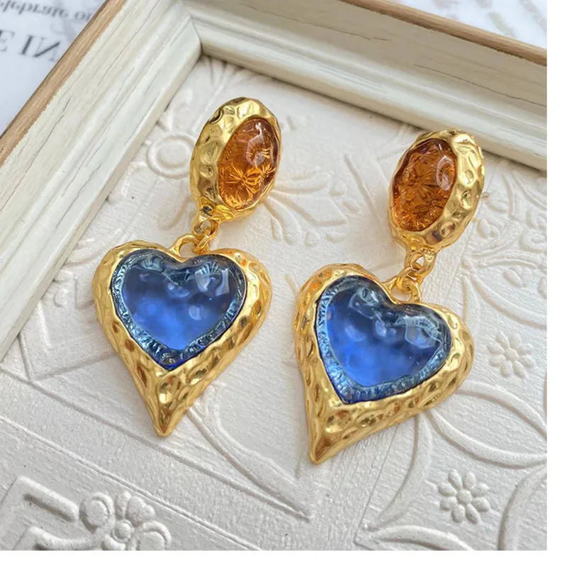 Vintage Glass Heart Earrings - Red/Green/Blue/Orange/Pink