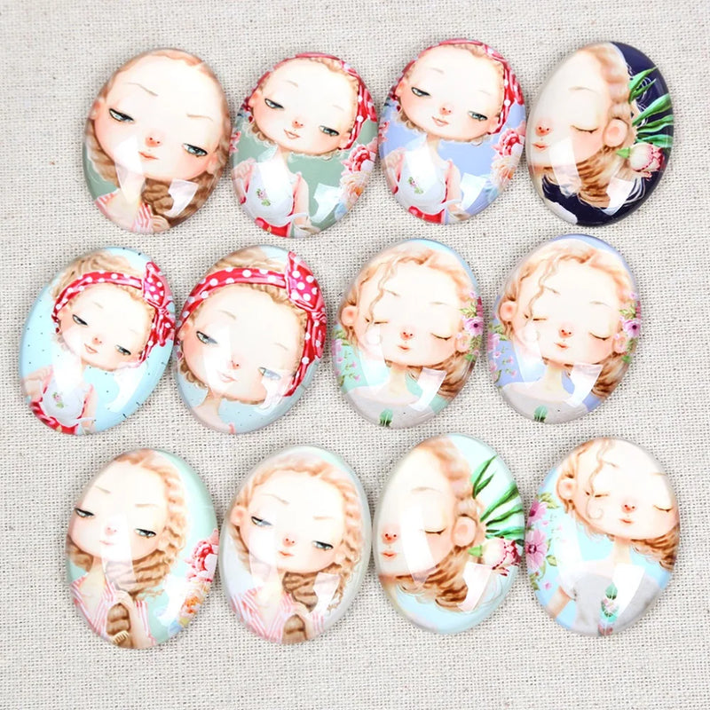 20pcs Girl Face Oval Glass Cabochons DIY Pendant Necklace