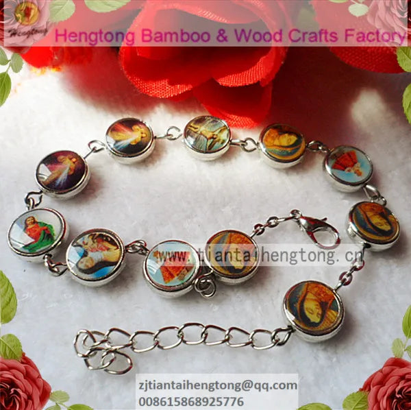 Metal Round Bead Bracelet 5pcs - Religious Saint Sticker - Epoxy
