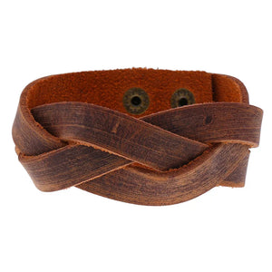 Retro Brown Leather Braid Bracelet for Men Charms Snap Button Wristband